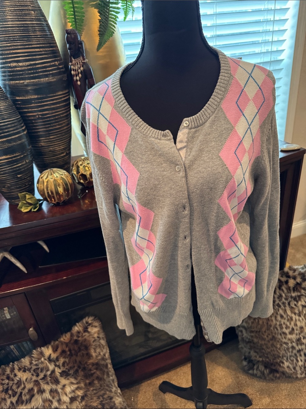 GAP Gray Cardigan with Pink Argyle Panels